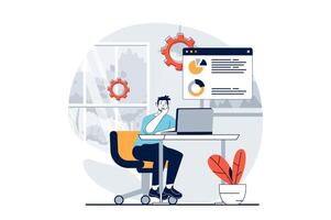 Data science concept with people scene in flat design for web. Man researching diagram analytics, making financial audit for forecast. Vector illustration for social media banner, marketing material.