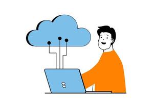 Cloud computing concept with people scene in flat web design. Man processing data using backup, transfer and download files at laptop. Vector illustration for social media banner, marketing material.