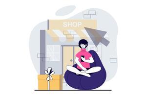 Mobile commerce concept with people scene in flat design for web. Man making purchases and online orders in app and getting gifts. Vector illustration for social media banner, marketing material.