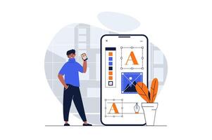 Designer studio web concept with character scene. Man creating mobile app layout and drawing ui elements. People situation in flat design. Vector illustration for social media marketing material.