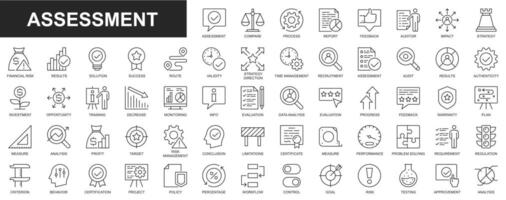 Assessment web icons set in thin line design. Pack of process, report, feedback, auditor, solution, strategy, time management, decrease, result, data analysis, other. Vector outline stroke pictograms