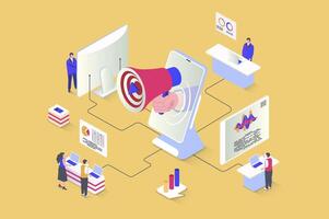 Digital marketing concept in 3d isometric design. Online promotion and advertising in social networks, targeting, attracting audience. Vector illustration with isometry people scene for web graphic