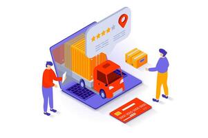 Transportation and logistics concept in 3d isometric design. People choosing delivery company with good rating for ordering shipping by truck. Vector illustration with isometry scene for web graphic