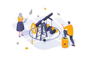 Oil Industry concept in 3d isometric design. Engineers work at oil production plant, check and control pump for extraction at station. Vector illustration with isometric people scene for web graphic