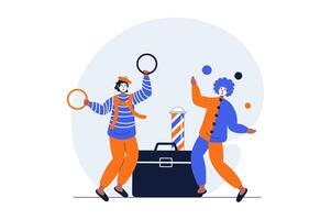 Circus web concept with character scene. Clowns perform entertainment, juggle and show tricks on concert. People situation in flat design. Vector illustration for social media marketing material.