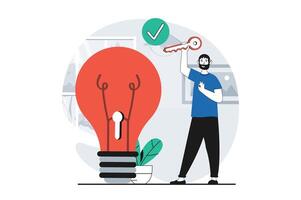 Finding solution concept with people scene in flat design for web. Man brainstorming and finding key idea to keyhole of imagination. Vector illustration for social media banner, marketing material.