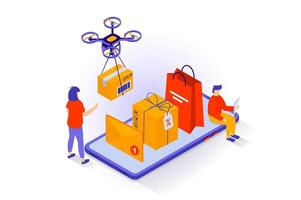 Online shopping concept in 3d isometric design. People making purchases in store webpage using mobile app, ordering delivery by flying drone. Vector illustration with isometry scene for web graphic