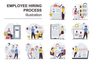 Employee hiring process concept with character situations mega set. Bundle of scenes people choosing best applicant resume to vacancy, find human resources. Vector illustrations in flat web design