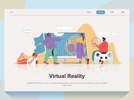 Virtual reality web concept for landing page in flat design. Man and woman using VR technology and metaverse for gaming, network, education. Vector illustration with people scene for website homepage