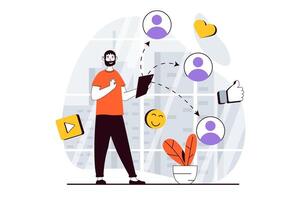 Social network concept with people scene in flat design for web. Man chatting with friends, watching video content, likes and comments. Vector illustration for social media banner, marketing material.