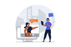 Video conference web concept with character scene. Women talking and discussing tasks via virtual video chat. People situation in flat design. Vector illustration for social media marketing material.