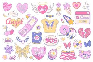 Y2k and 90s vintage style objects mega set in graphic flat design. Bundle elements of pink hearts, smiles, butterflies, mobile phone, t-shirt, cd player, other. Vector illustration isolated stickers