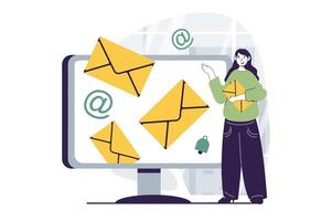 Email service concept with people scene in flat design for web. Woman sending electronic letters with information using computer app. Vector illustration for social media banner, marketing material.