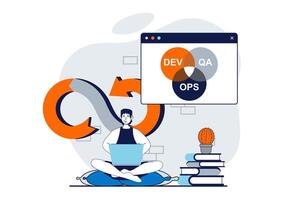 DevOps concept with people scene in flat design for web. Man monitoring workflow, integration and optimization programming processes. Vector illustration for social media banner, marketing material.