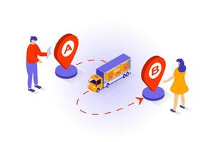 Transportation and logistics concept in 3d isometric design. People use delivery company service for boxes shipping in truck and tracking route. Vector illustration with isometry scene for web graphic