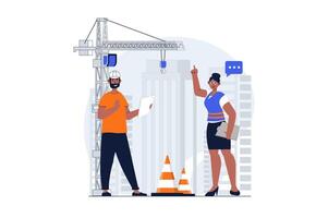 Construction engineer web concept with character scene. Woman and man creating blueprint of building houses. People situation in flat design. Vector illustration for social media marketing material.