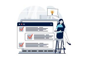 Strategic planning concept with people scene in flat design for web. Woman brainstorming and creating work tasks in schedule system. Vector illustration for social media banner, marketing material.