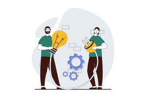 Teamwork concept with people scene in flat design for web. Woman with plug and man with light bulb collaborating and cooperating. Vector illustration for social media banner, marketing material.