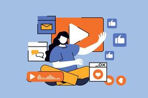 Video blogging concept with people scene in flat design for web. Woman creating video content for online blog, sharing for followers. Vector illustration for social media banner, marketing material.