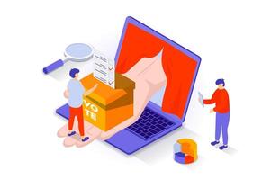 Election and voting concept in 3d isometric design. People vote in elections, put marked ballot in ballot box or leave their choice online. Vector illustration with isometry scene for web graphic