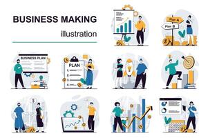 Business making concept with character situations mega set. Bundle of scenes people planning strategy, investing money, developing project and launch company. Vector illustrations in flat web design