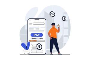 Mobile banking web concept with character scene. Man makes online payment and doing fast transaction in app. People situation in flat design. Vector illustration for social media marketing material.