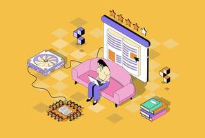 Online reading concept in 3d isometric design. Woman read e-book using laptop program, buying electronic literature at online bookstore. Vector illustration with isometry people scene for web graphic