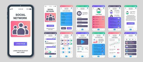 Social network mobile app screens set for web templates. Pack of profile login, account information, online messages, statistics. UI, UX, GUI user interface kit for cellphone layouts. Vector design