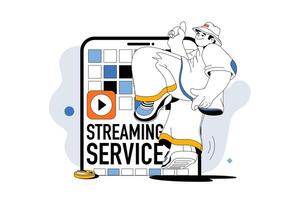 Streaming service concept with people scene in flat line design for web. Man using online cinema platform or video stream player app. Vector illustration for social media banner, marketing material.