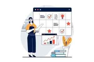 Strategic planning concept with people scene in flat design for web. Woman creating tasks in calendar, makes work schedule of workflow. Vector illustration for social media banner, marketing material.