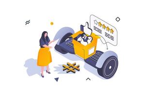 Social media concept in 3d isometric design. Woman creating posts and content, collecting many likes hands and promotion online blog. Vector illustration with isometric people scene for web graphic