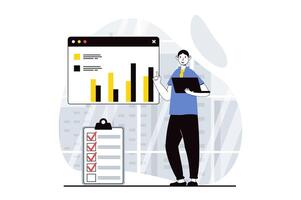 Data analysis concept with people scene in flat design for web. Man working with bar charts, making checklist for financial report. Vector illustration for social media banner, marketing material.