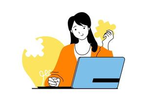 Brainstorming concept with people scene in flat web design. Woman work at laptop and finding solutions for business and puzzle solving. Vector illustration for social media banner, marketing material.