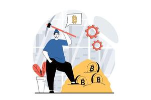 Cryptocurrency mining concept with people scene in flat design for web. Man with pickaxe mining bitcoins and earning virtual money. Vector illustration for social media banner, marketing material.