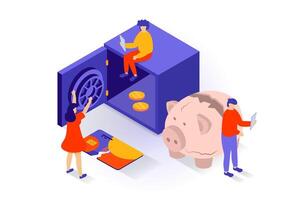 Unemployment and crisis concept in 3d isometric design. People have financial problems and loses all savings in piggy banks and safe deposits. Vector illustration with isometry scene for web graphic