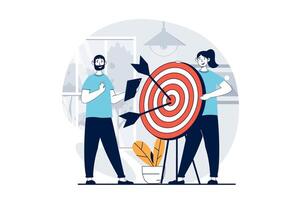 Strategic planning concept with people scene in flat design for web. Woman and man targeting work goals for business development. Vector illustration for social media banner, marketing material.