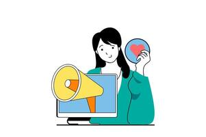 Digital marketing concept with people scene in flat web design. Woman makes advertising campaign with megaphone and attracts clients. Vector illustration for social media banner, marketing material.