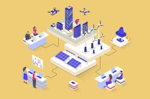 Green city concept in 3d isometric design. Cityscape with skyscrapers, alternative energy sources and eco friendly infrastructure. Vector illustration with isometry people scene for web graphic