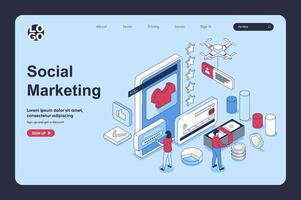 Social media marketing concept in 3d isometric design for landing page template. People following online shop blog, watching advertising and making purchases in mobile app. Vector illustration for web