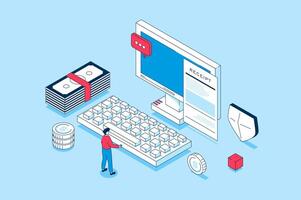 Electronic receipt concept in 3d isometric design. People receiving digital form of invoice and paying on check or tax using online banking. Vector illustration with isometry scene for web graphic