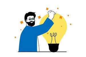 Brainstorming concept with people scene in flat web design. Man with light bulb finding solutions for business and solving challenges. Vector illustration for social media banner, marketing material.