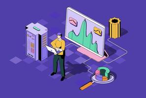 Seo optimization concept in 3d isometric design. Man analyze algorithms and statistic data, selects keywords and optimizes site ranking. Vector illustration with isometry people scene for web graphic