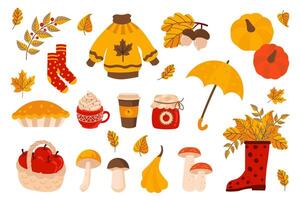 Cozy autumn mega set elements in flat design. Bundle of falling orange leaves, sweater, socks, pumpkins, umbrella, pie, cocoa mug, rubber boots and other. Vector illustration isolated graphic objects