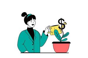 Finance concept with people scene in flat web design. Woman growing her financial balance and increasing budget, watering money tree. Vector illustration for social media banner, marketing material.