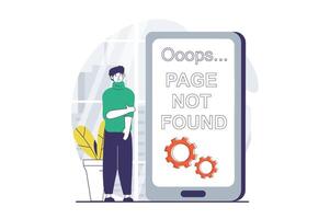 Page not found concept with people scene in flat design for web. Man sees message of website connection problems on mobile screen. Vector illustration for social media banner, marketing material.