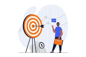 Business target web concept with character scene. Man hits aim, develops company and success invests money. People situation in flat design. Vector illustration for social media marketing material.