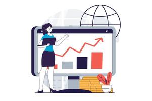 Global economic concept with people scene in flat design for web. Woman analyzing data graph, creating business development strategy. Vector illustration for social media banner, marketing material.