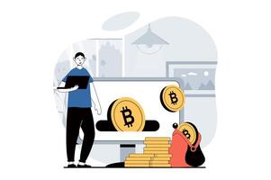 Cryptocurrency mining concept with people scene in flat design for web. Man mining bitcoins, earning money at virtual crypto wallets. Vector illustration for social media banner, marketing material.