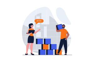 Teamwork web concept with character scene. Man and woman work together, construct cubes, developing project. People situation in flat design. Vector illustration for social media marketing material.