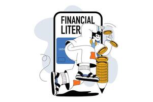 Financial literacy concept with people scene in flat line design for web. Man uses online bank data for money management and savings. Vector illustration for social media banner, marketing material.